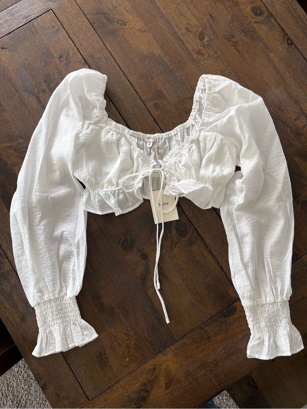 White Long-Sleeve Cropped Peasant Top with Tie Front